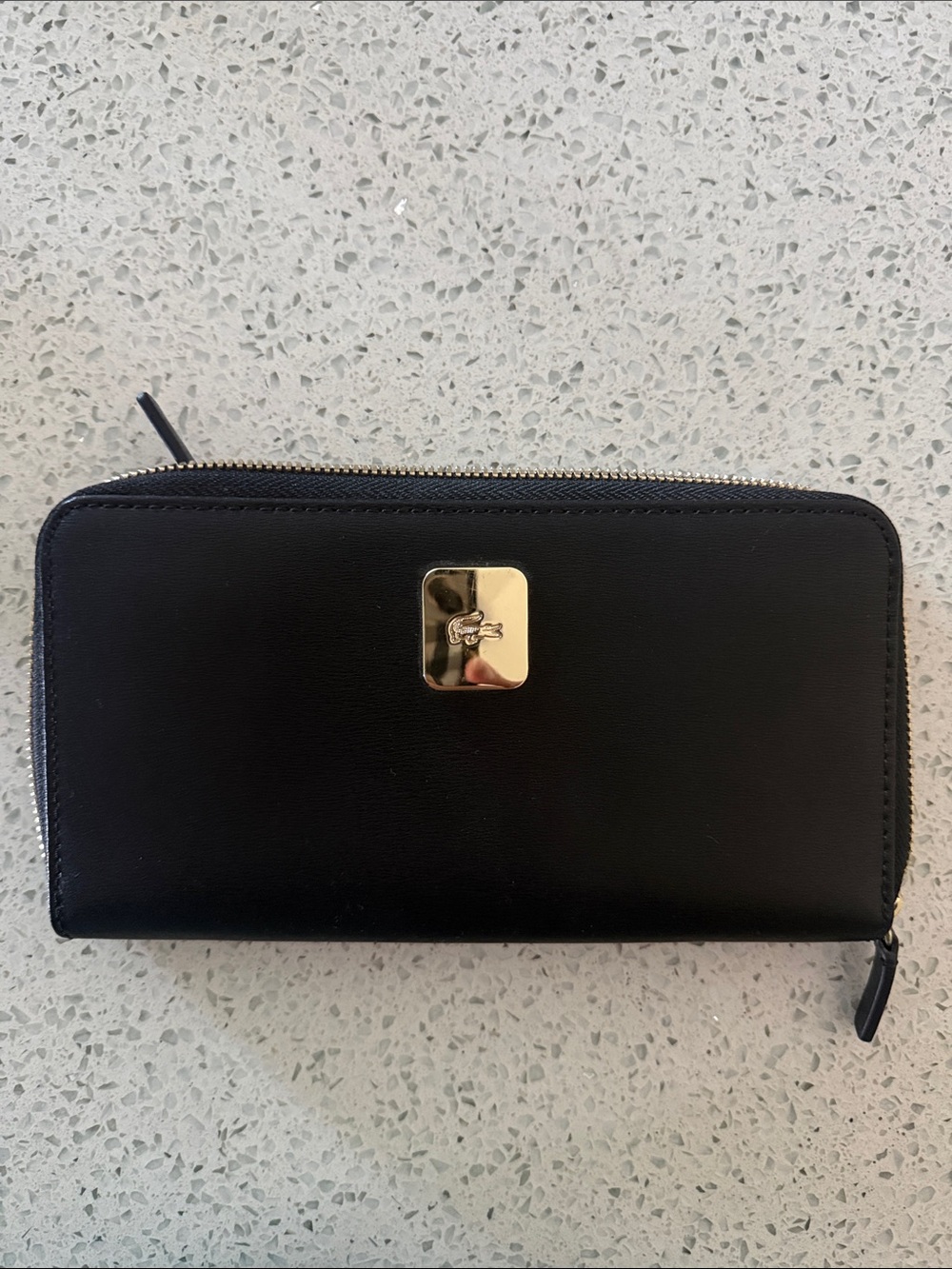 Lacoste Black Zip-Around Wallet with Gold Logo Plate